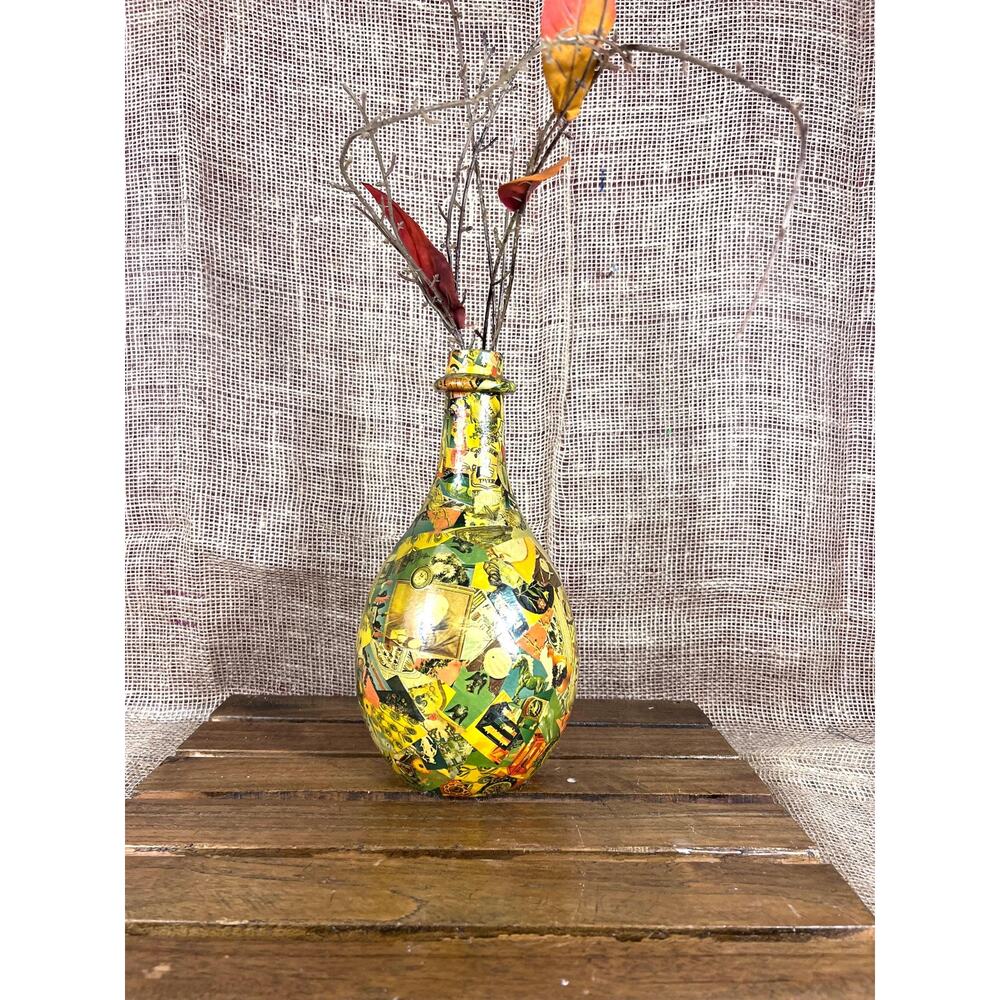 Vintage 1980’s Hand Made Decoupage Bottle/Jug Vase~Room Decor~